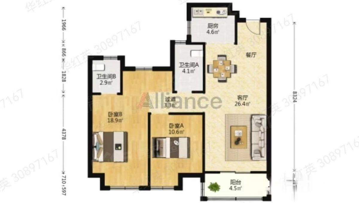 奥克期朗庭毛坯101.58方三室二厅二卫87万